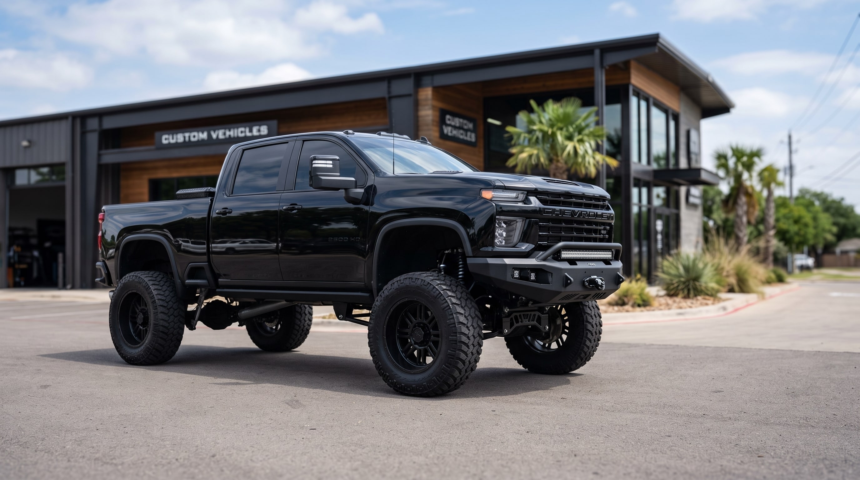 A black 2025 Silverado 2500HD showcasing a professional 12 Inch Lifted Truck Build outside — Metroplex Customs, Irving TX