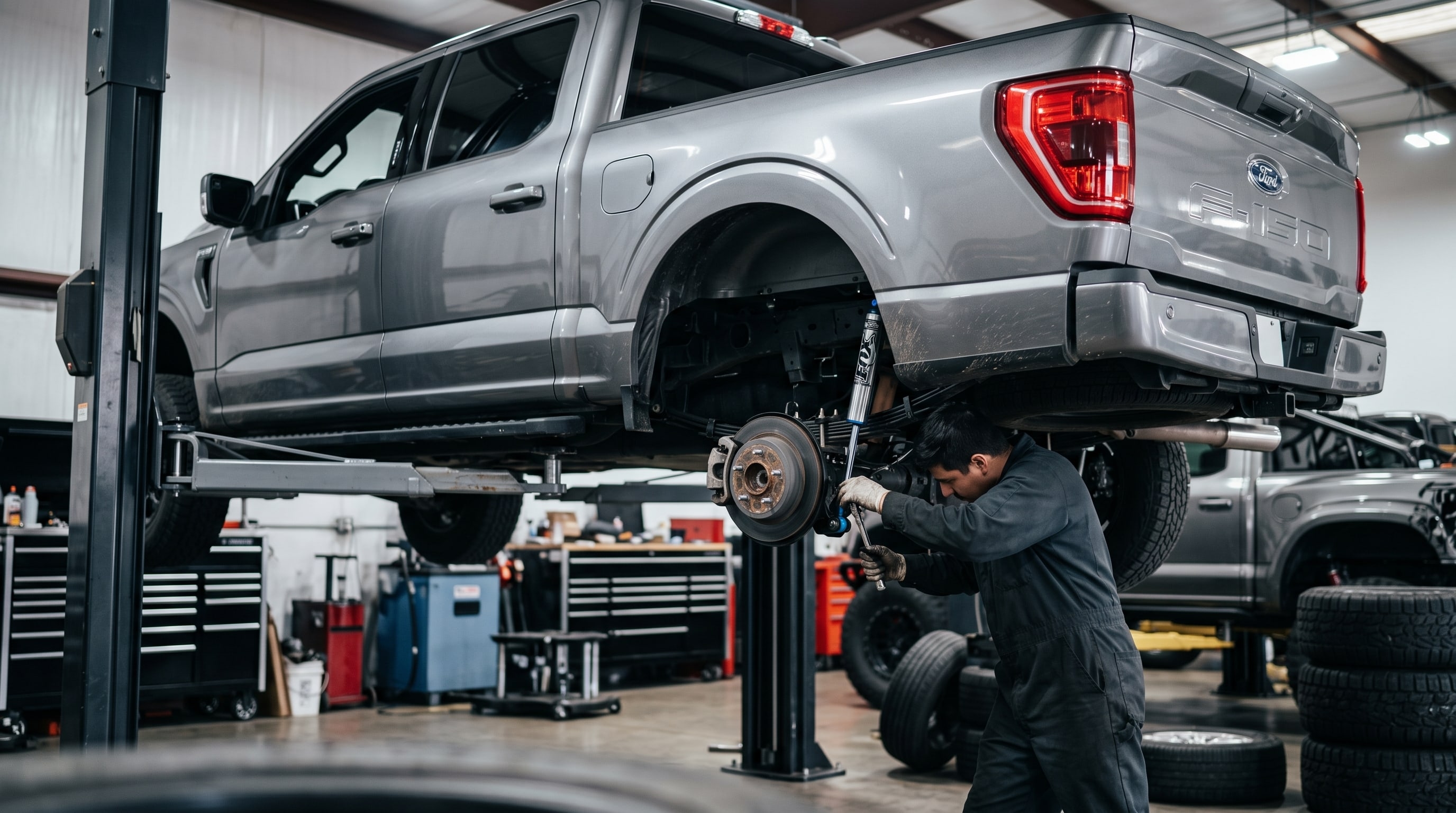 A mechanic installing FOX Performance Series shocks on a truck in a shop — Metroplex Customs, Irving TX