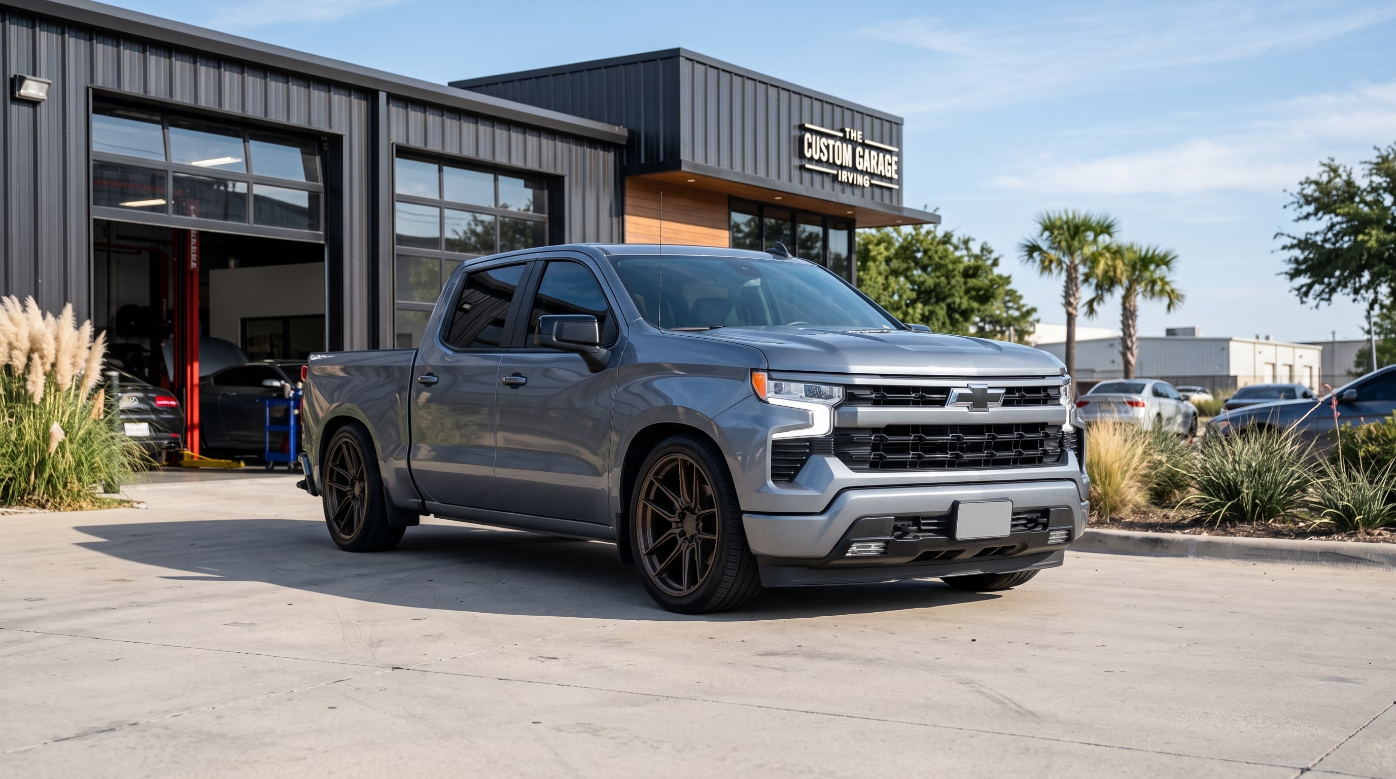 A lowered gray Silverado demonstrating how Is Air Suspension Reliable for Daily Driving in 2026 — Metroplex Customs, Irving TX
