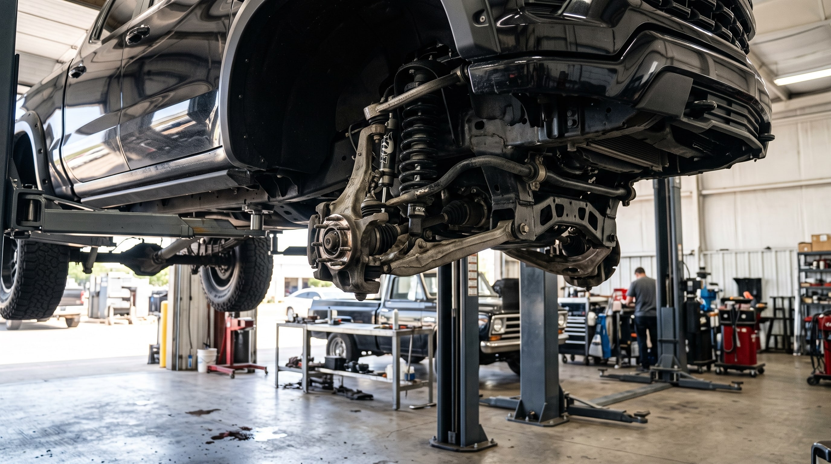A detailed view of the parts of a suspension system on a truck lifted inside our shop — Metroplex Customs, Irving TX