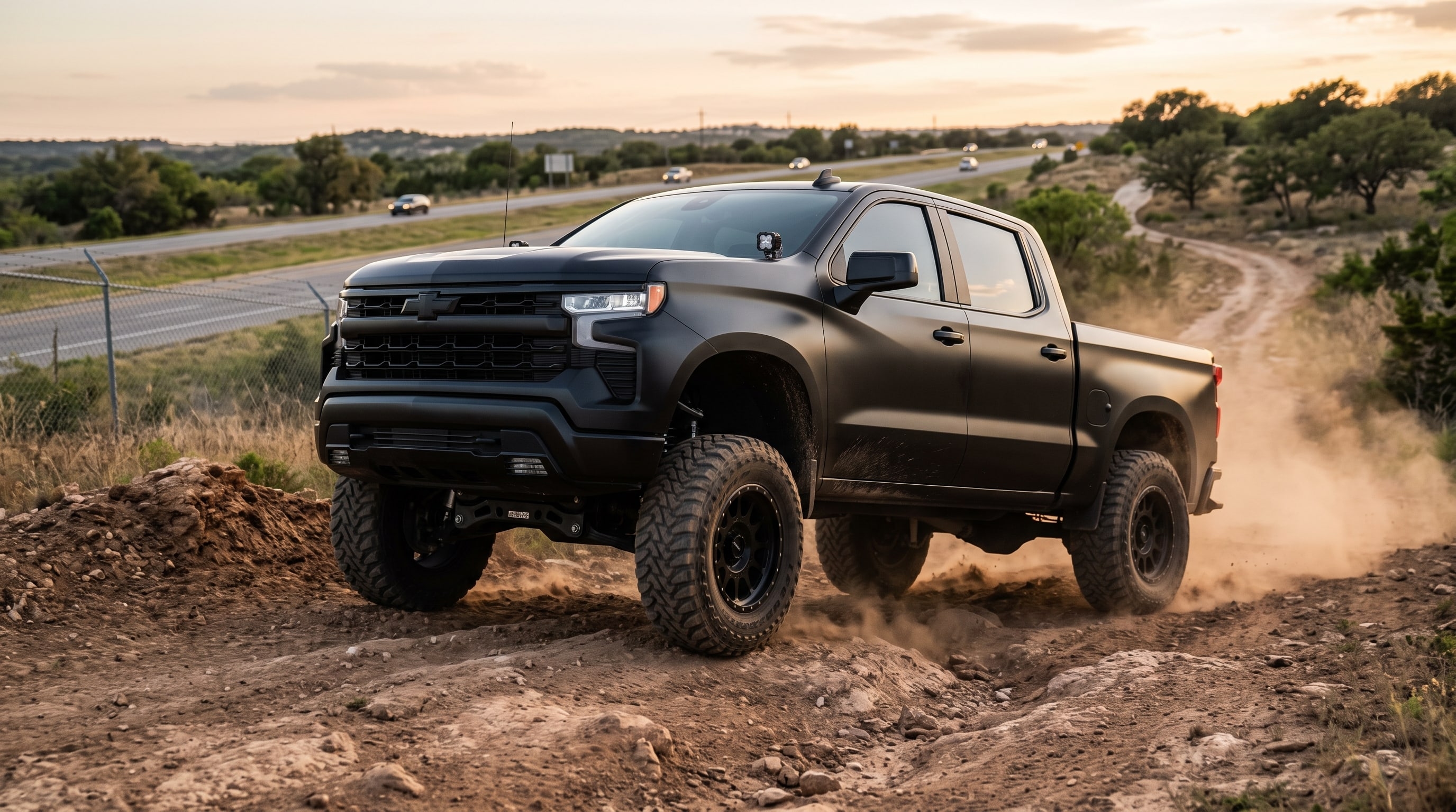 A black truck on a dirt road demonstrating how a suspension system explained works on rough terrain — Metroplex Customs, Irving TX