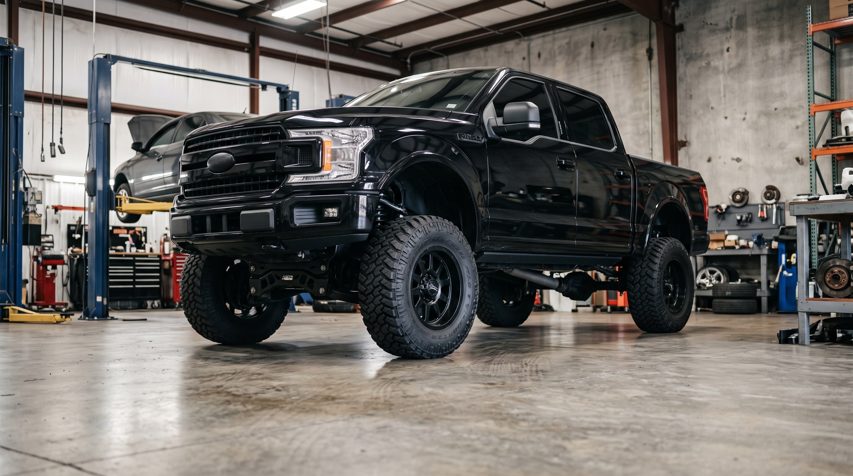 A modern black Ford F-150 showing What Is a Body Lift Truck? Suspension vs. Body Lifts — Metroplex Customs, Irving TX