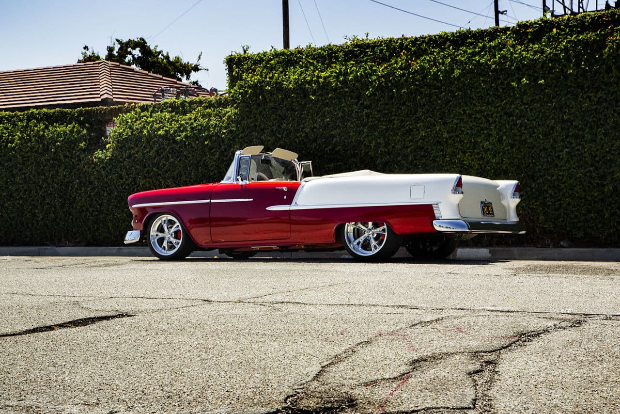 Side profile of 1955 Chevrolet Bel Air with wheels