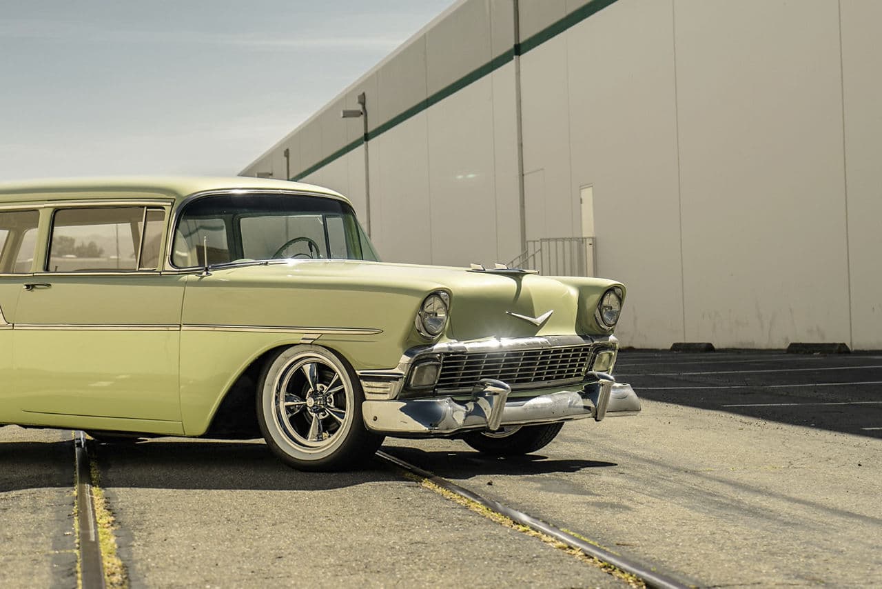 Interior of 1956 Chevrolet 210 with wheels