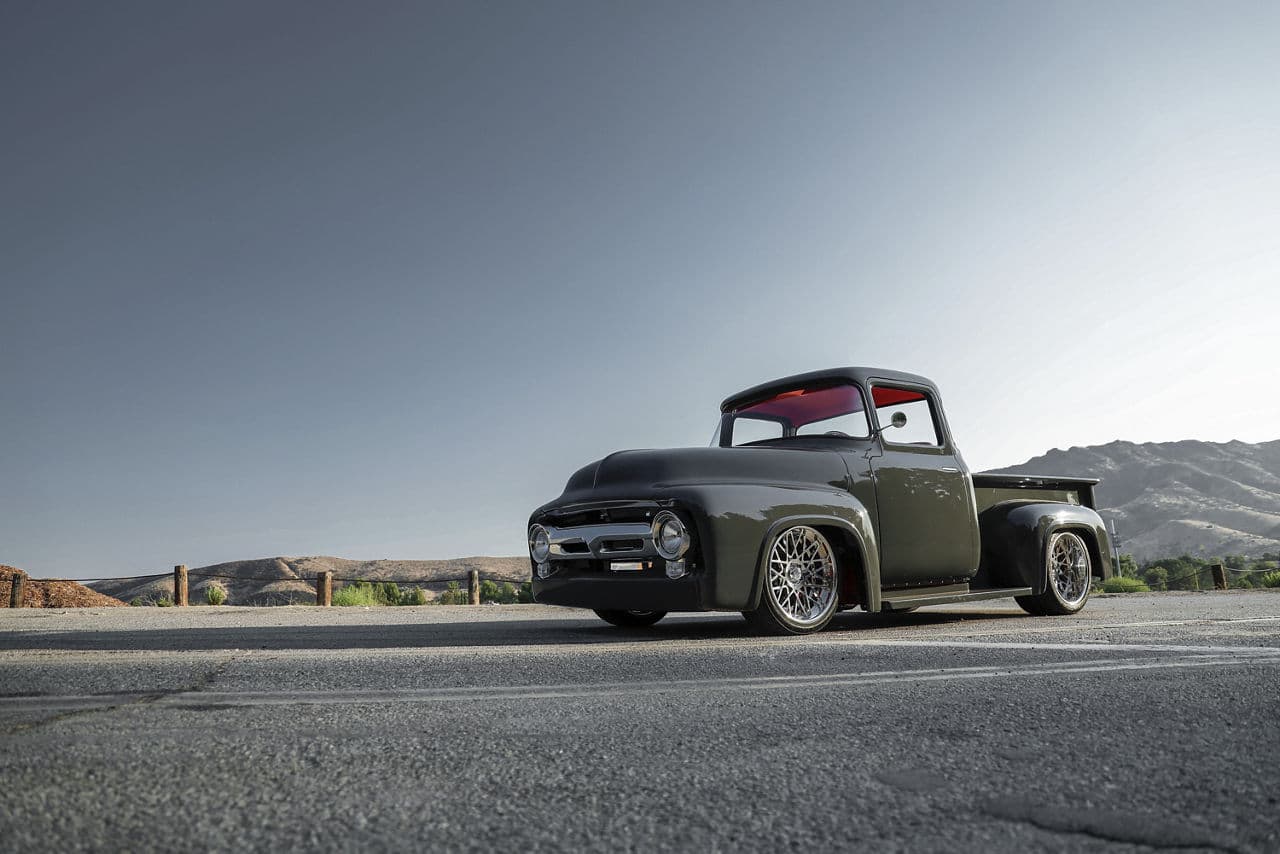 Front view of 1956 Ford F100 with wheels
