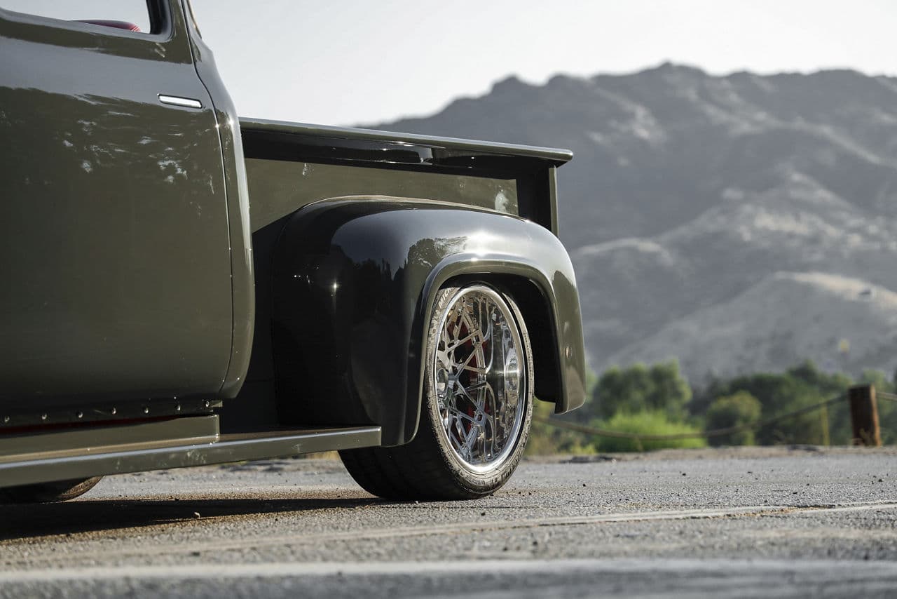 Rear view of 1956 Ford F100 with wheels