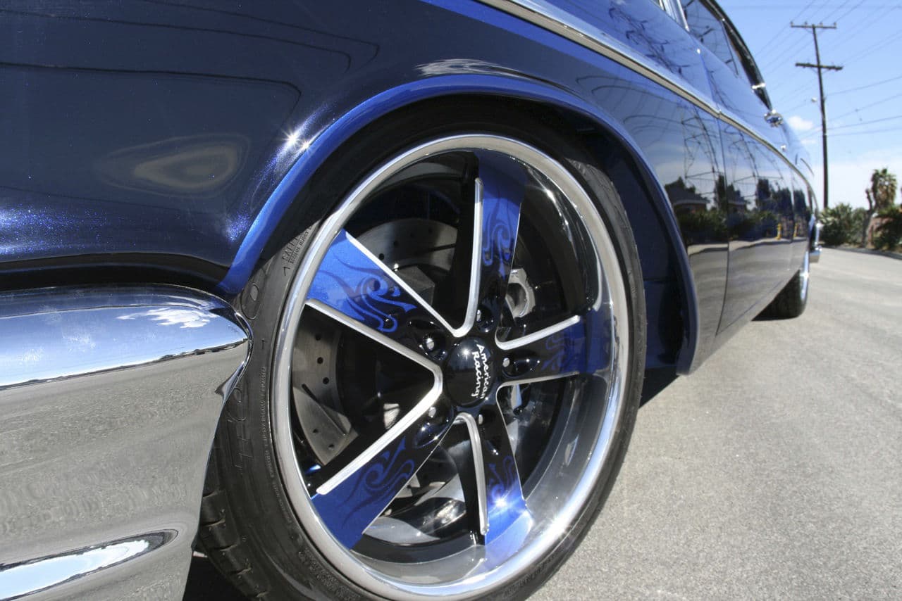 Rear view of 1957 Chevrolet Bel Air with wheels