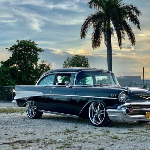 Interior of 1957 Chevrolet Bel Air with wheels