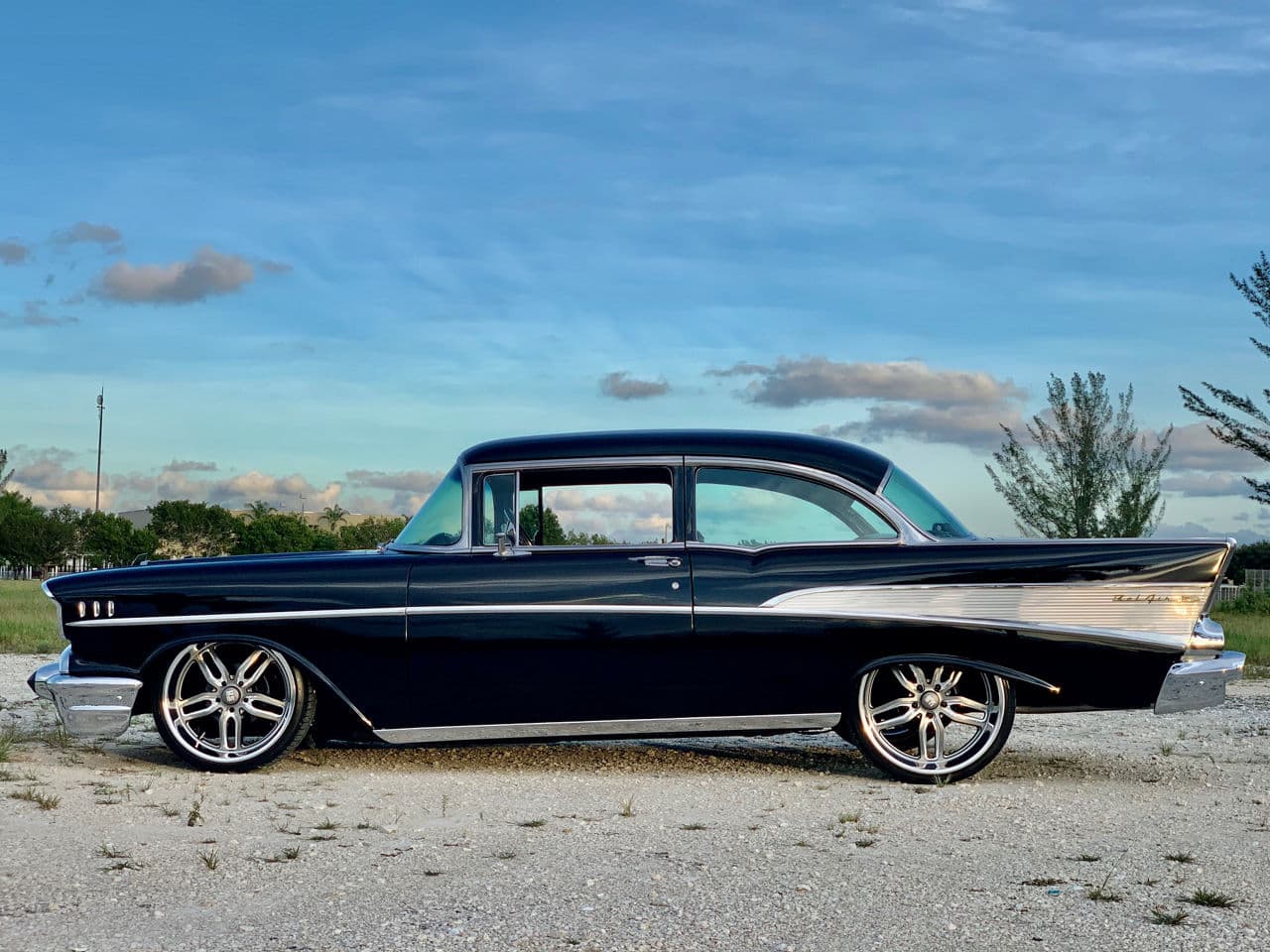 Rear view of 1957 Chevrolet Bel Air with wheels