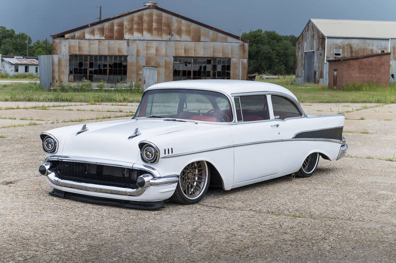 Front view of 1957 Chevrolet Delray with wheels