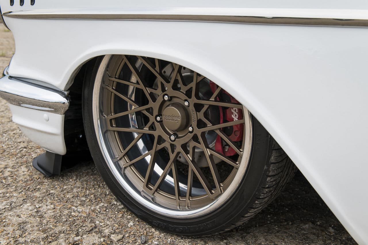 Rear view of 1957 Chevrolet Delray with wheels