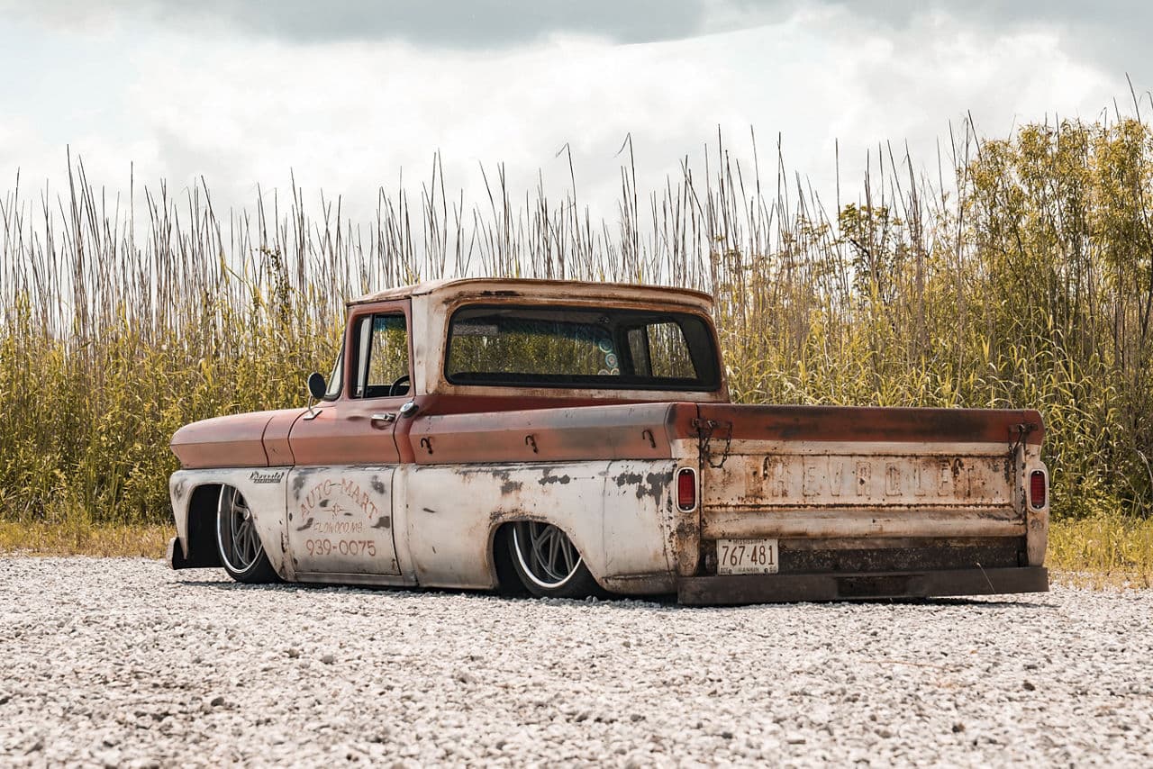 Rear view of 1959 Chevrolet C10 with wheels