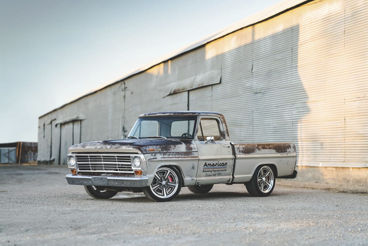 Front view of 1967 Ford F150 with wheels