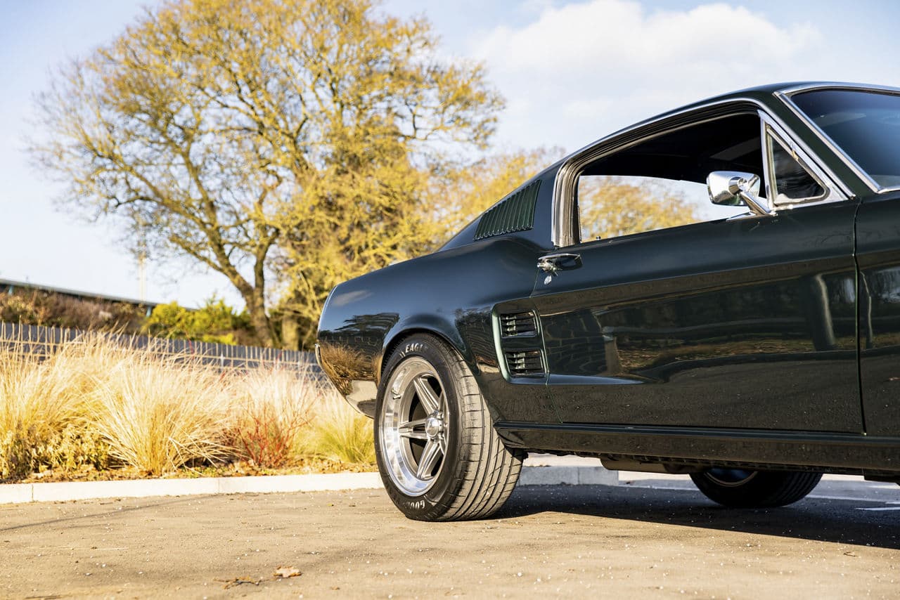 Side profile of 1967 Ford Mustang with wheels
