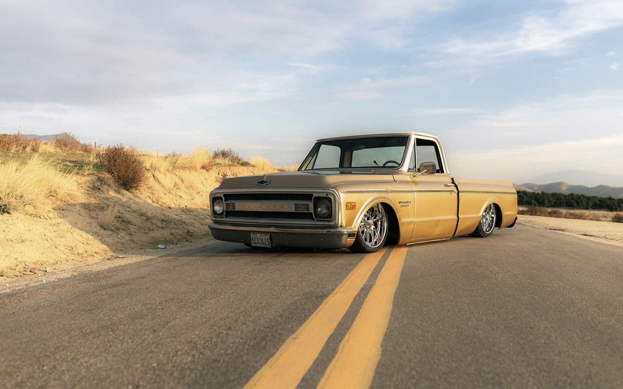 Side profile of 1970 Chevrolet C10 with wheels