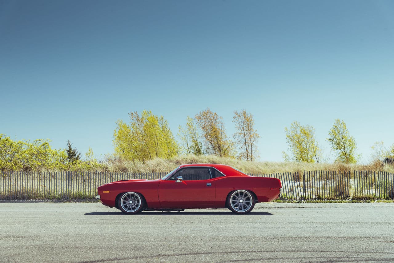 Detail view of 1971 Plymouth Barracuda with wheels