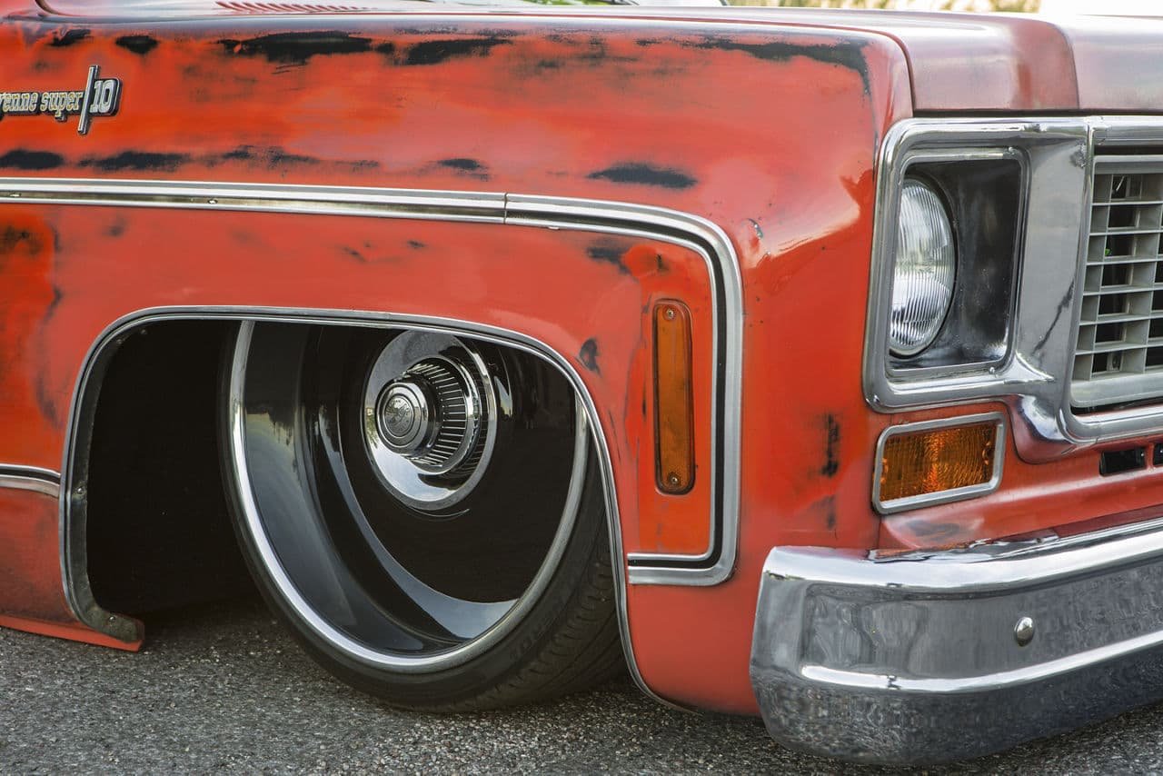 Detail view of 1974 Chevrolet C10 with wheels
