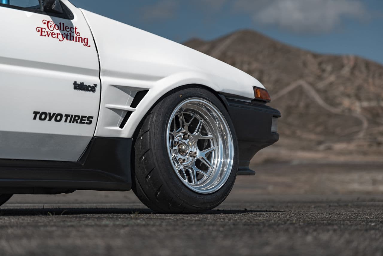Detail view of 1986 Toyota Trueno with wheels