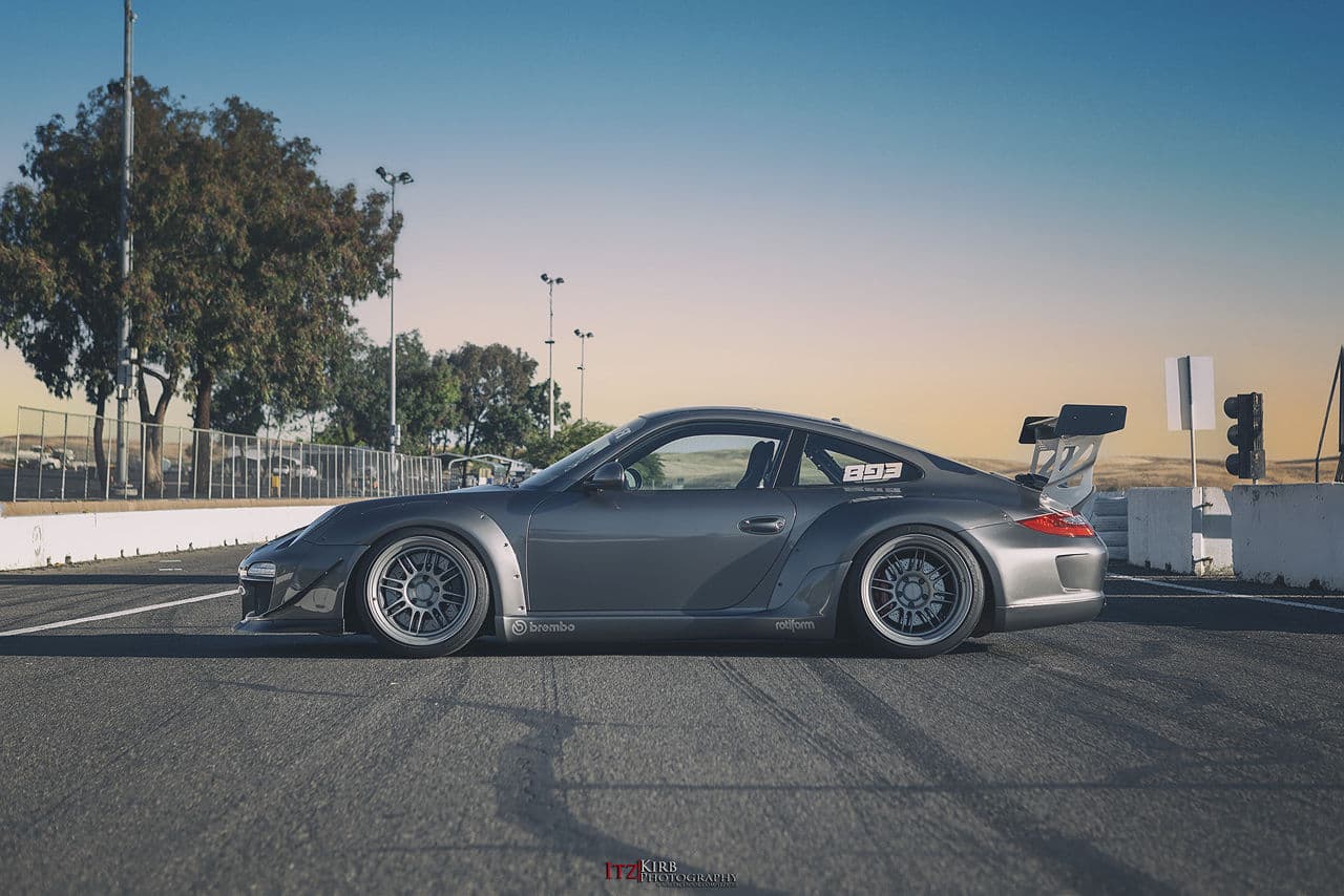 Side profile of 2012 Porsche 997 RWB with wheels