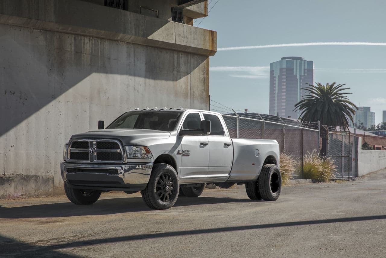 Front view of 2013 Ram 3500 Dually with dually wheels