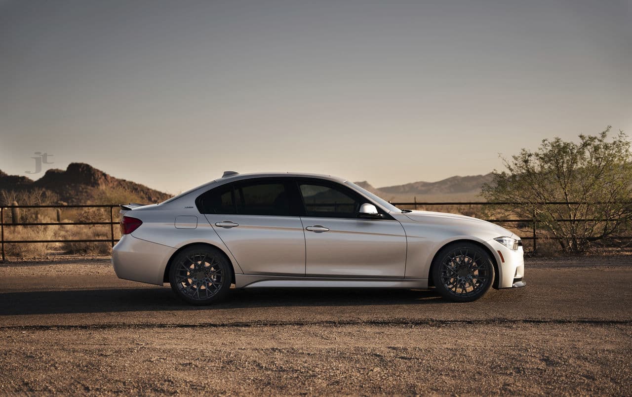 Side profile of 2017 BMW 330e with wheels