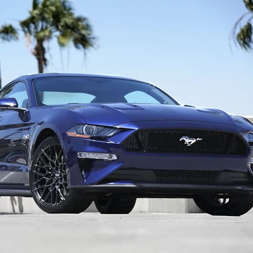 Rear view of 2018 Ford Mustang with wheels