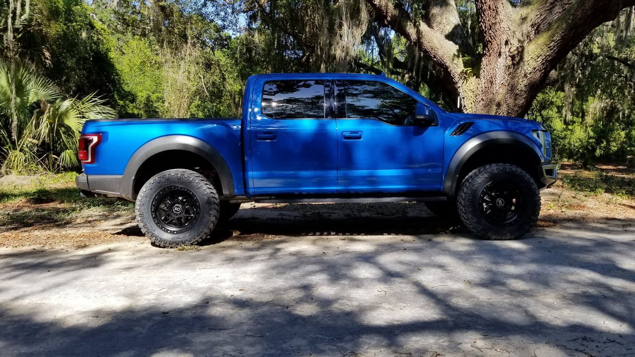 Rear view of 2019 Ford F150 Raptor with wheels
