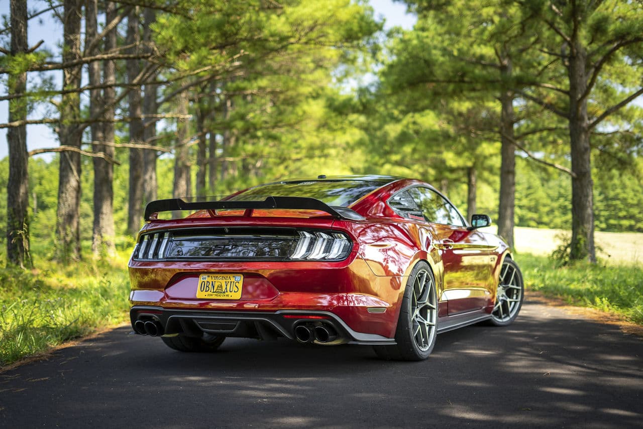Rear view of 2019 Ford Mustang with wheels