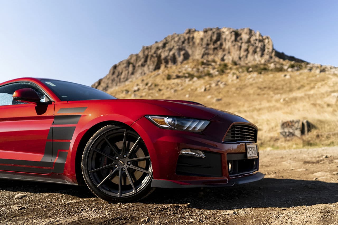 Rear view of 2019 Ford Mustang with wheels