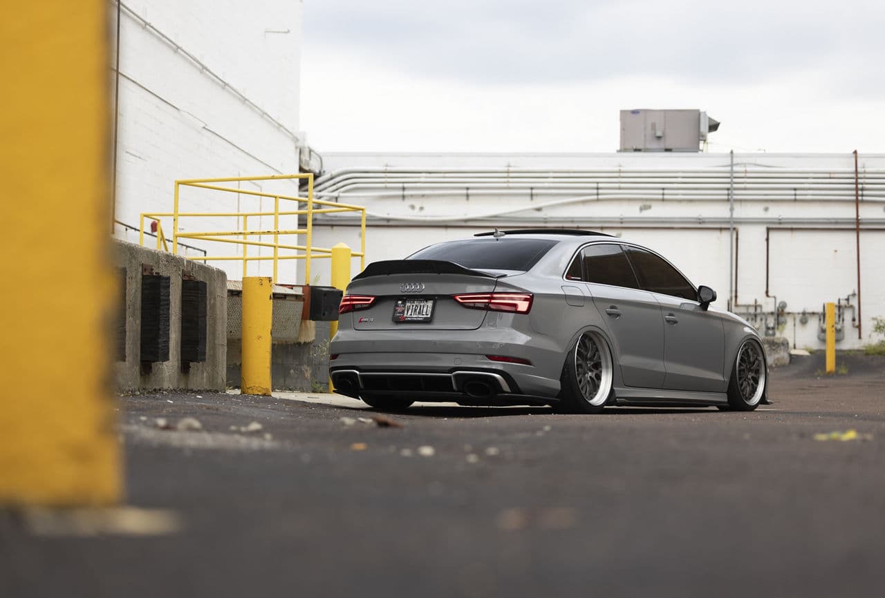 Side profile of 2020 Audi RS3 with wheels