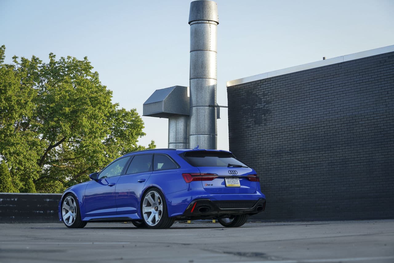Rear view of 2020 Audi RS6 with wheels