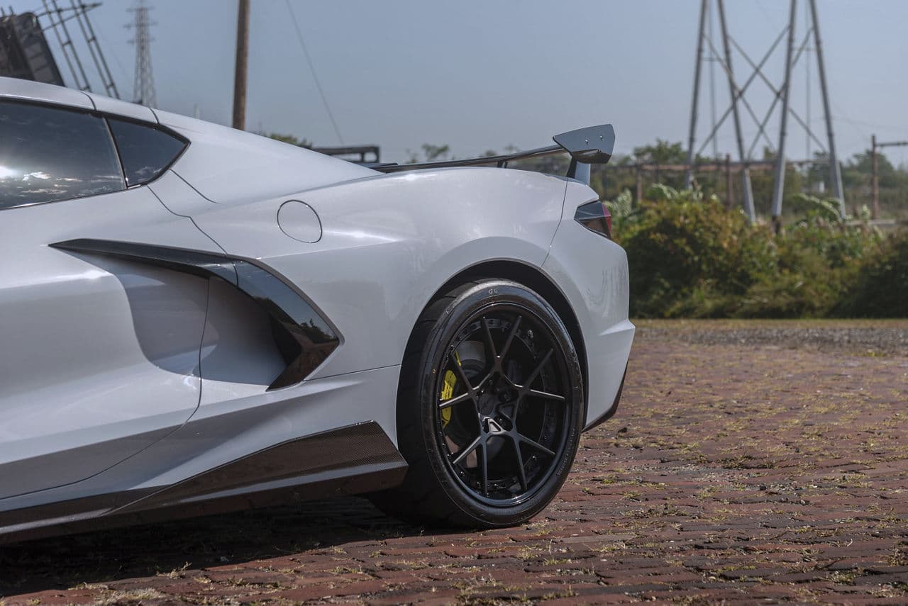 Rear view of 2020 Chevrolet Corvette with wheels