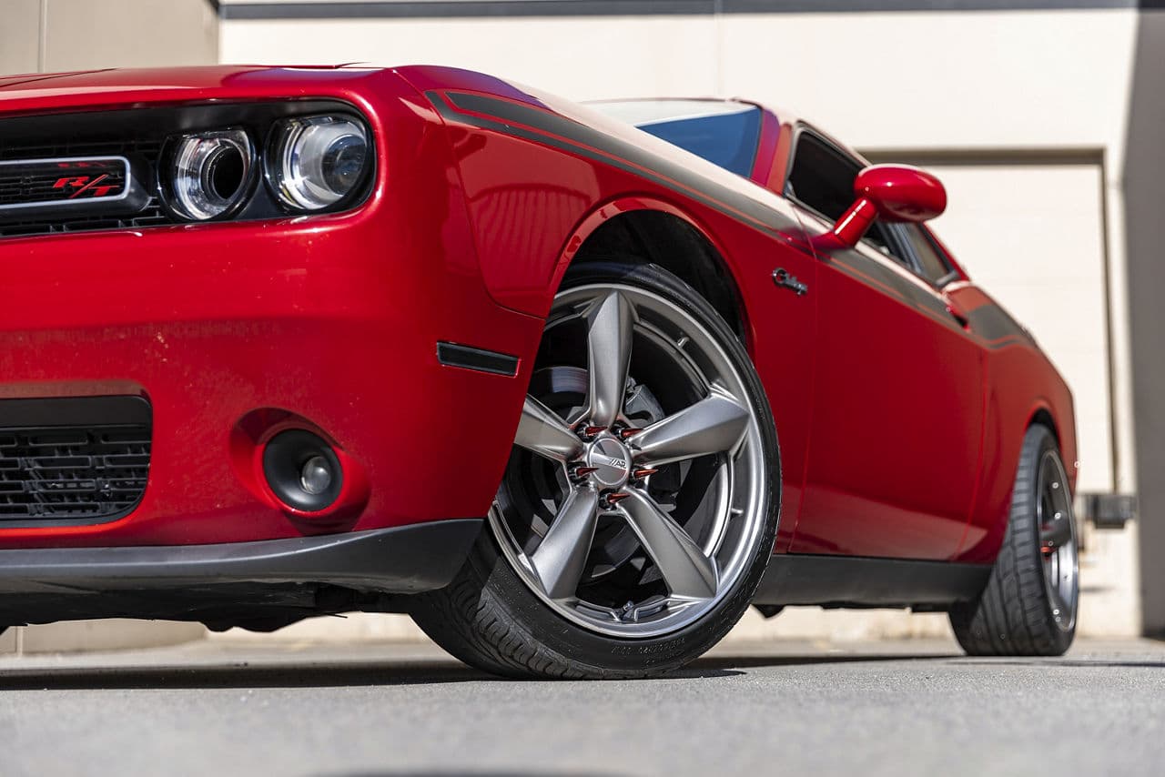 Rear view of 2020 Dodge Challenger with wheels