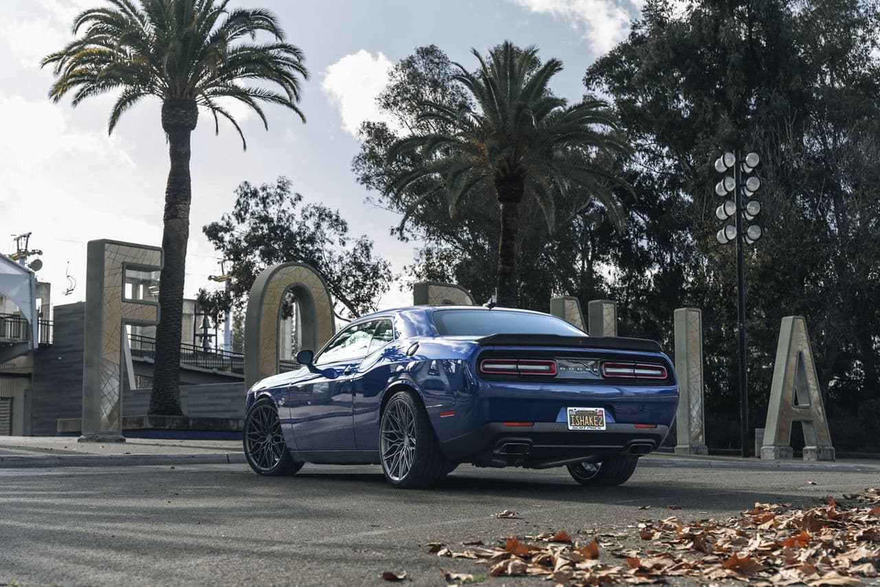 Rear view of 2020 Dodge Challenger with wheels