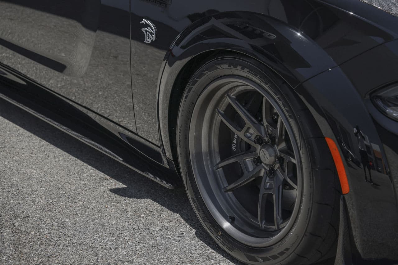 Rear view of 2020 Dodge Charger Hellcat with wheels