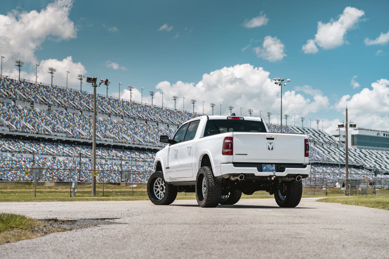 Rear view of 2020 Dodge Ram with wheels