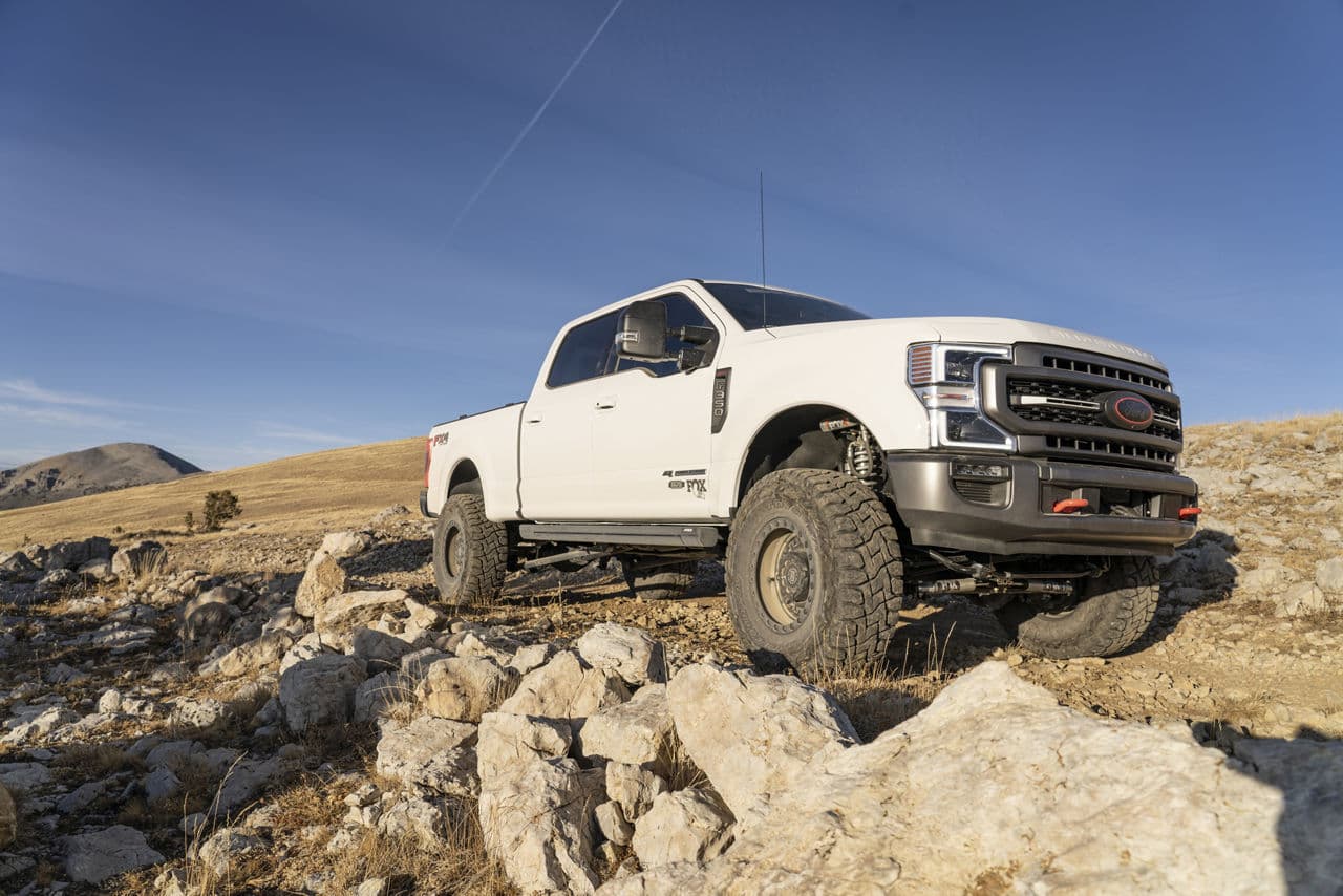 Rear view of 2020 Ford F350 Lariat with wheels