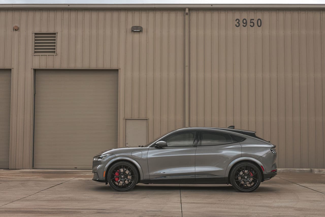 Side profile of 2020 Ford Mustang Mach E with wheels