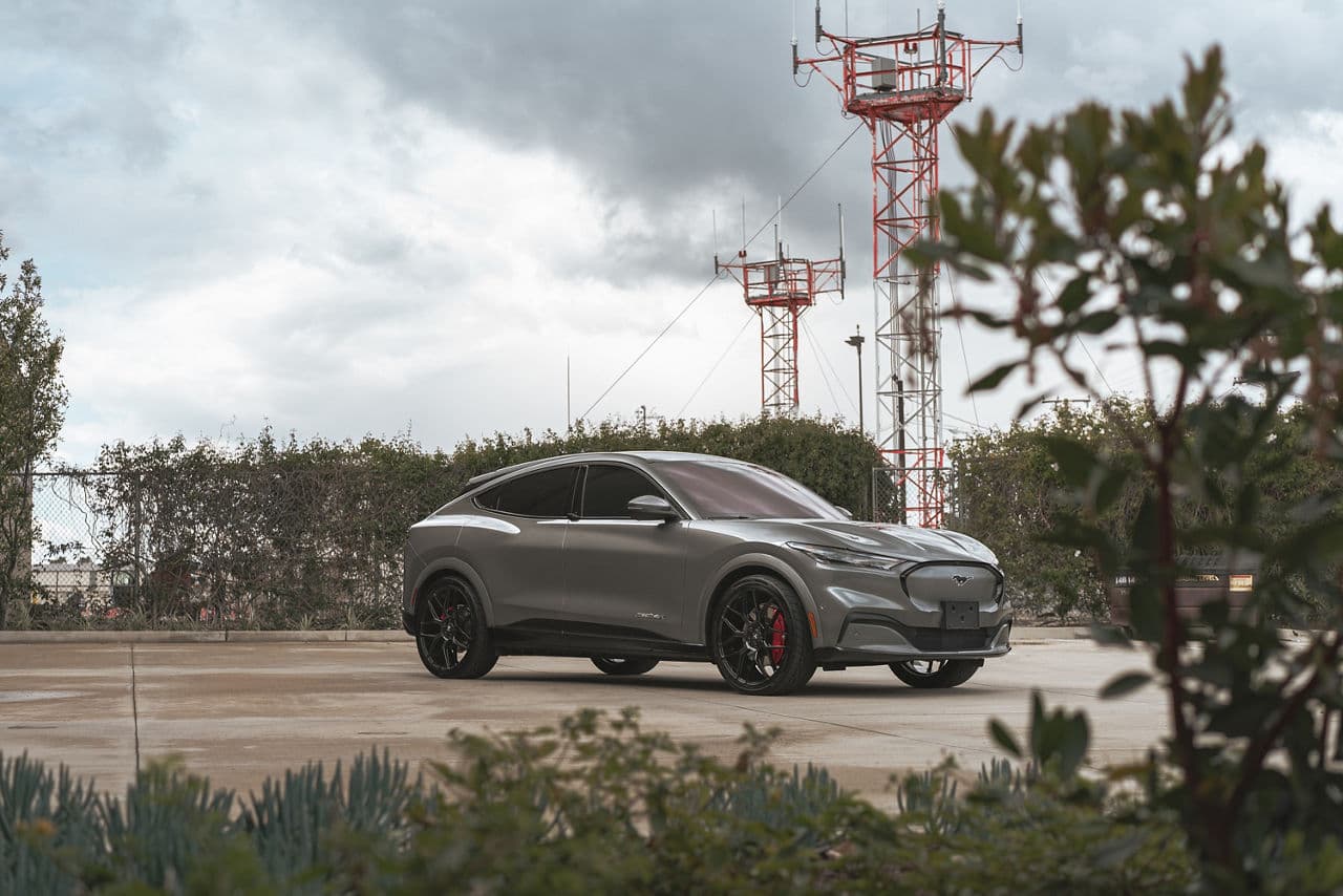 Rear view of 2020 Ford Mustang Mach E with wheels