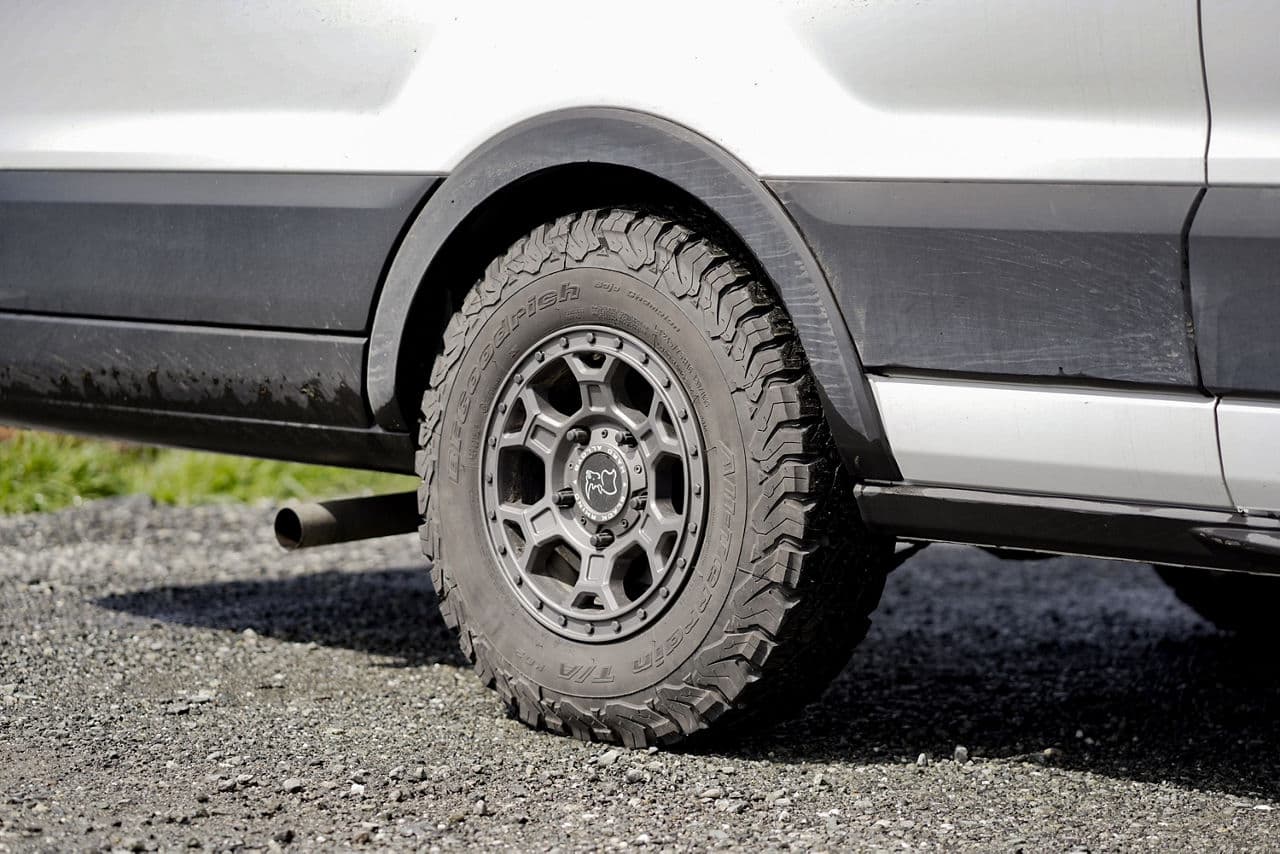 Rear view of 2020 Ford Transit with wheels