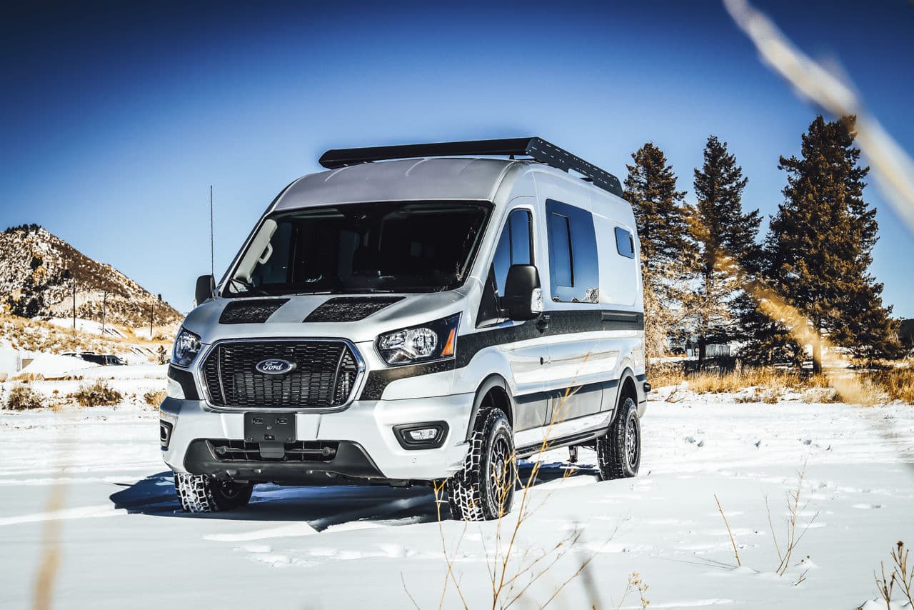 Side profile of 2020 Ford Transit with wheels
