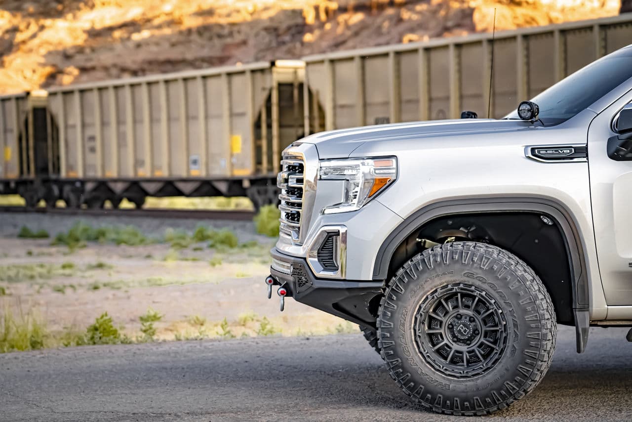 Rear view of 2020 GMC Sierra AT4 with wheels