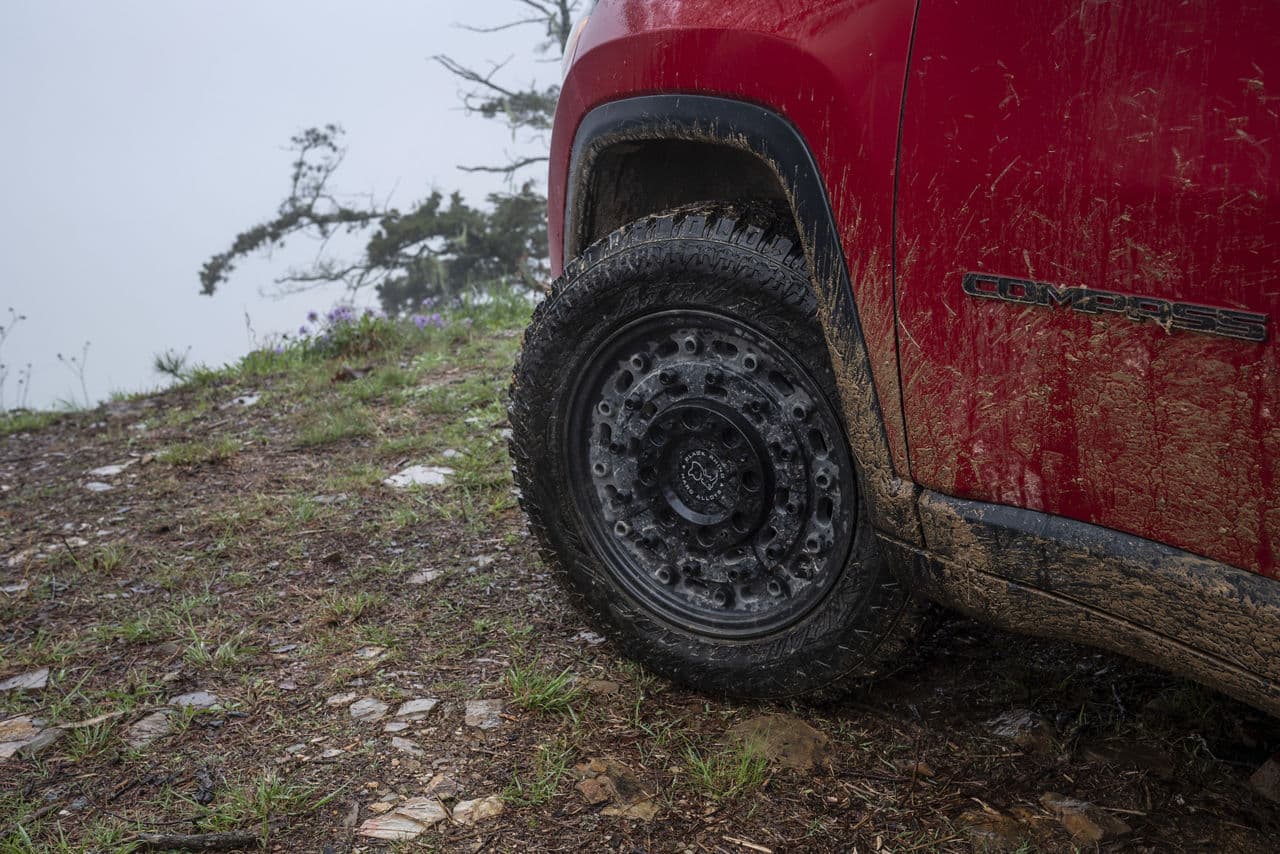 Rear view of 2020 Jeep Compass Trailhawk with wheels