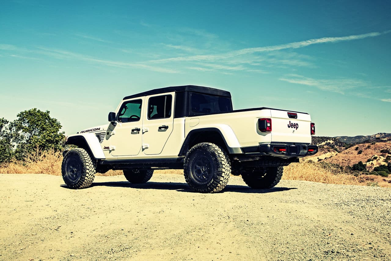 Rear view of 2020 Jeep Gladiator Rubicon with wheels
