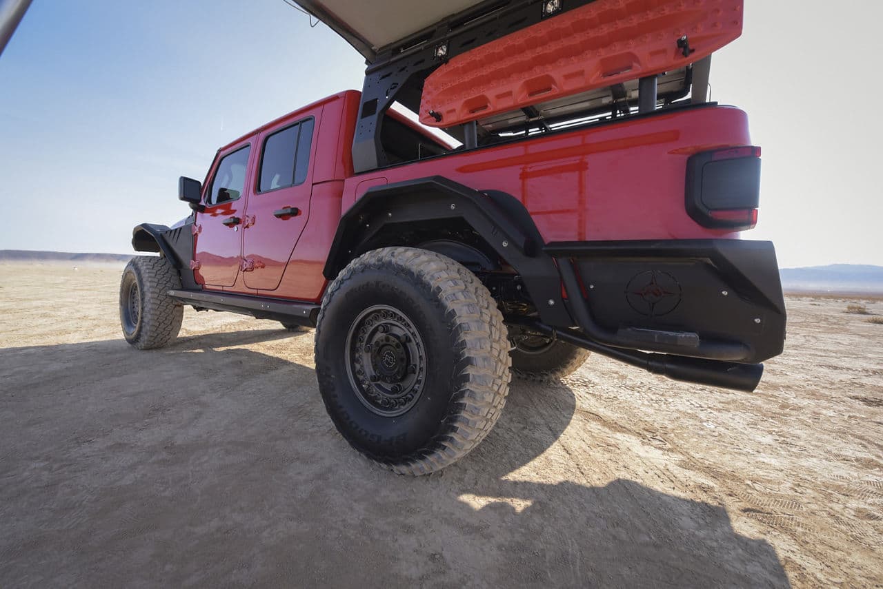 Rear view of 2020 Jeep Gladiator Rubicon with wheels