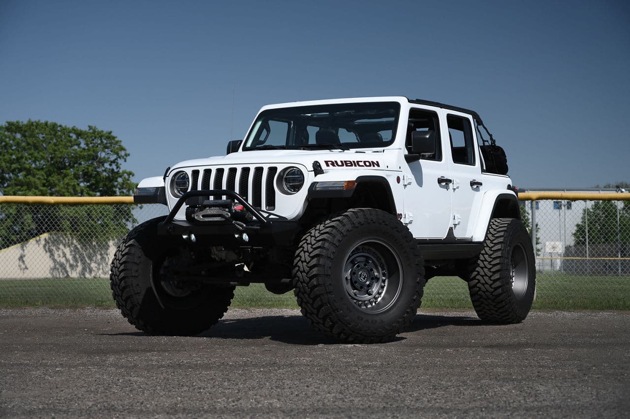 Front view of 2020 Jeep Wrangler Rubicon with truck suv wheels