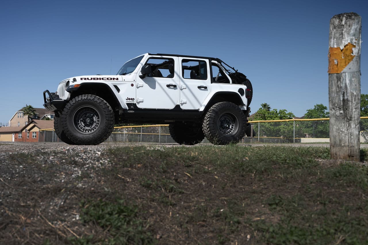 Rear view of 2020 Jeep Wrangler Rubicon with truck suv wheels