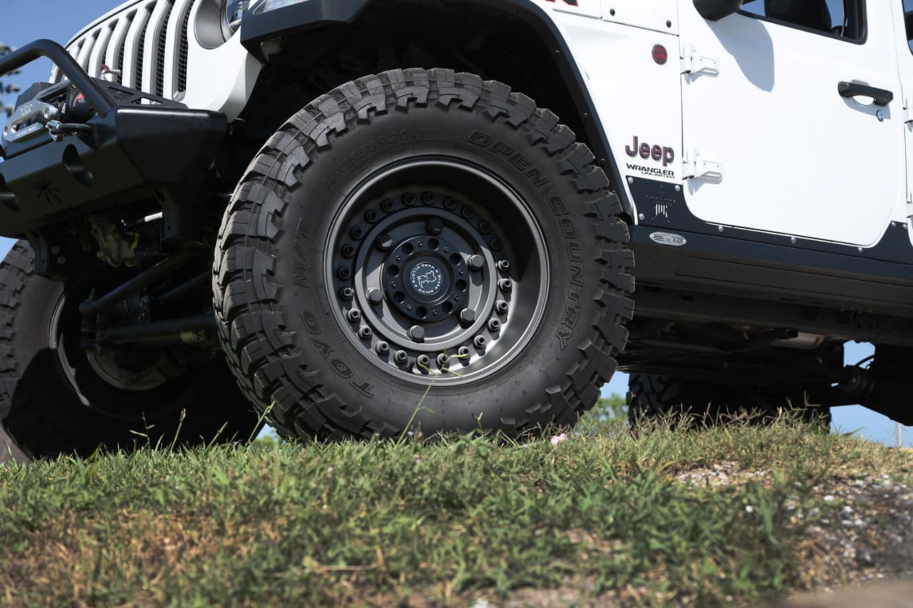 Detail view of 2020 Jeep Wrangler Rubicon with truck suv wheels