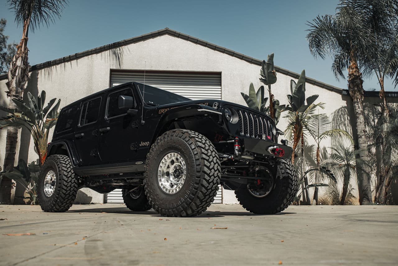 Front view of 2020 Jeep Wrangler Rubicon with truck suv wheels
