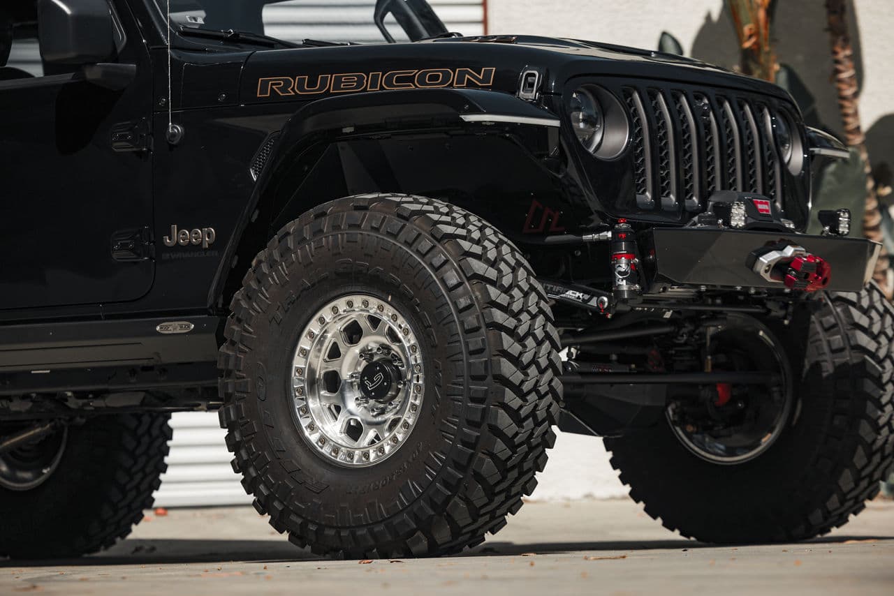 Rear view of 2020 Jeep Wrangler Rubicon with truck suv wheels